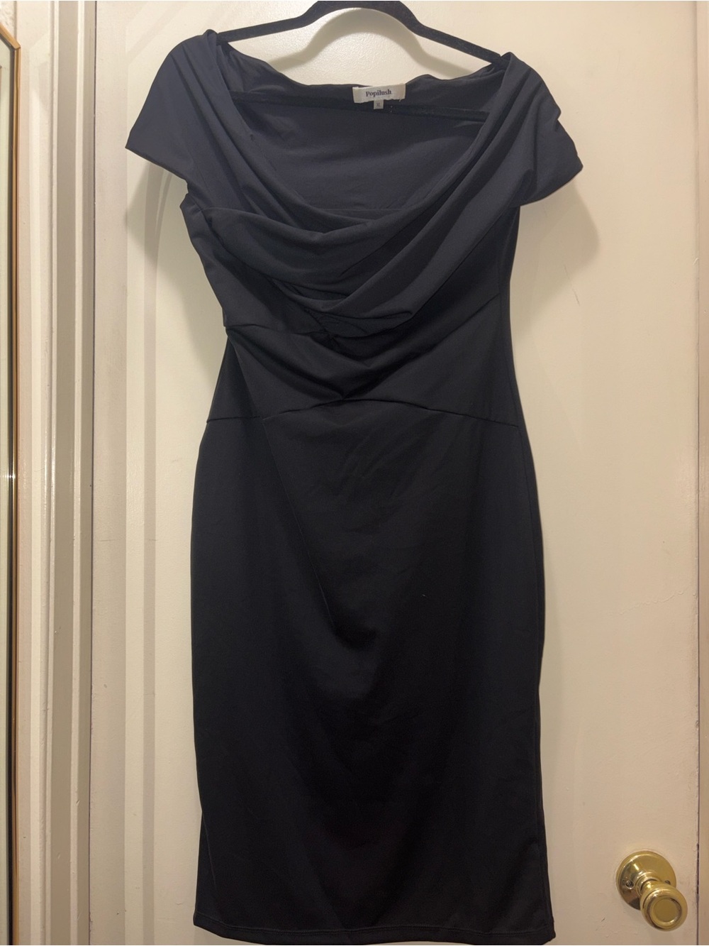 Popilush Blanc Black Cowl Neck Cap Sleeve Midi Dress